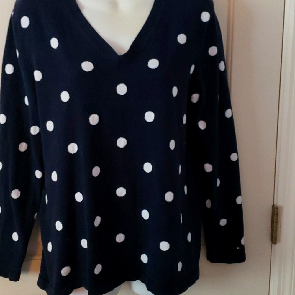 TOMMY HILFIGER,  Polka-dot. V neck sweater. Excellent condition. Real cute!